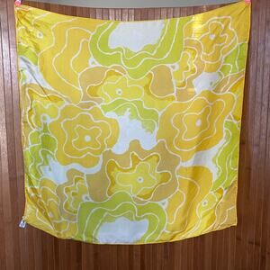 Vintage 60s Vera Silk Scarf Yellow Green Abstract Mod Floral Hand Rolled Japan